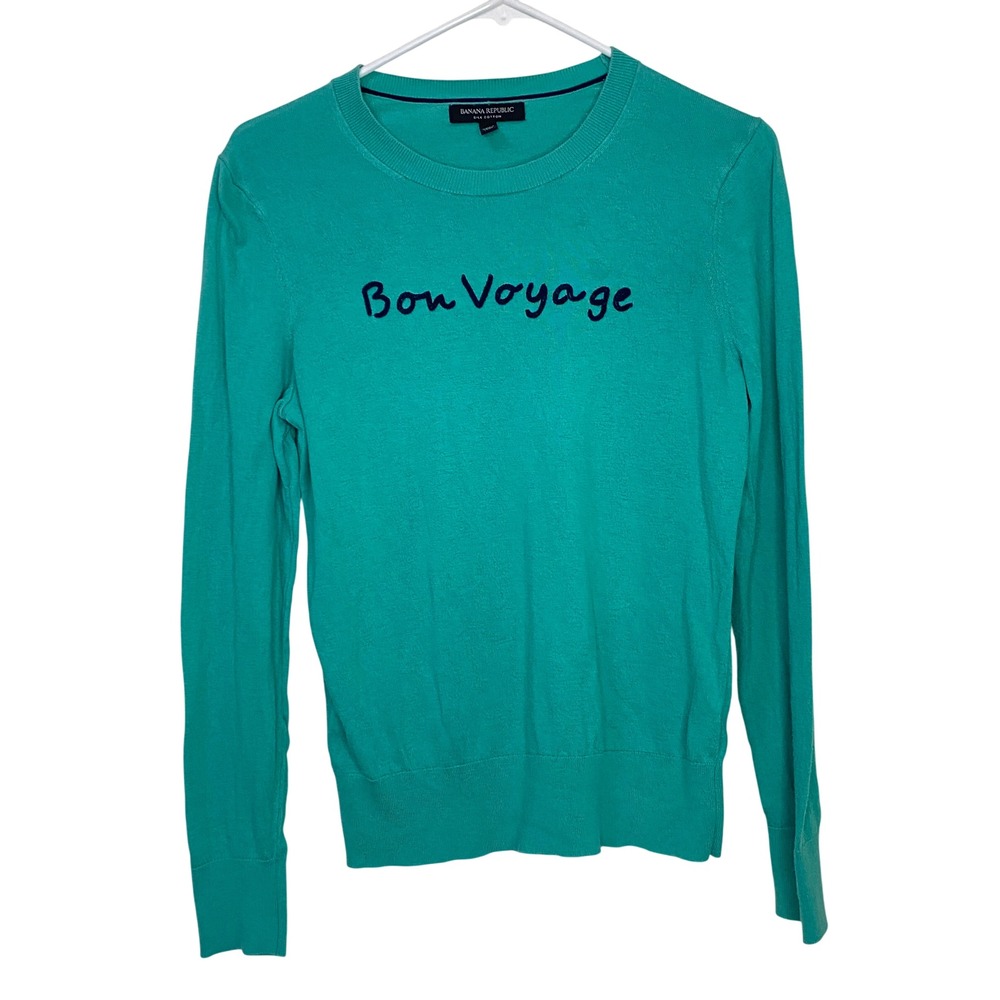 Banana Republic Silk Cotton Embroidered Bon Voyage Sweater Teal Womens Medium